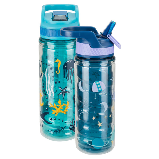 Cool Gear 2-Pack 16 oz Kid's Twist Water Bottle with Double Wall, Sipper Lid and Finger Loop Cap with Printed Design | Great for School, Sports, Outdoors, and More - Cellestial/ Sea Life