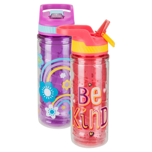 Cool Gear 2-Pack 16 oz Kid's Twist Water Bottle with Double Wall, Sipper Lid and Finger Loop Cap with Printed Design | Great for School, Sports, Outdoors, and More - Be Kind/ Flowers