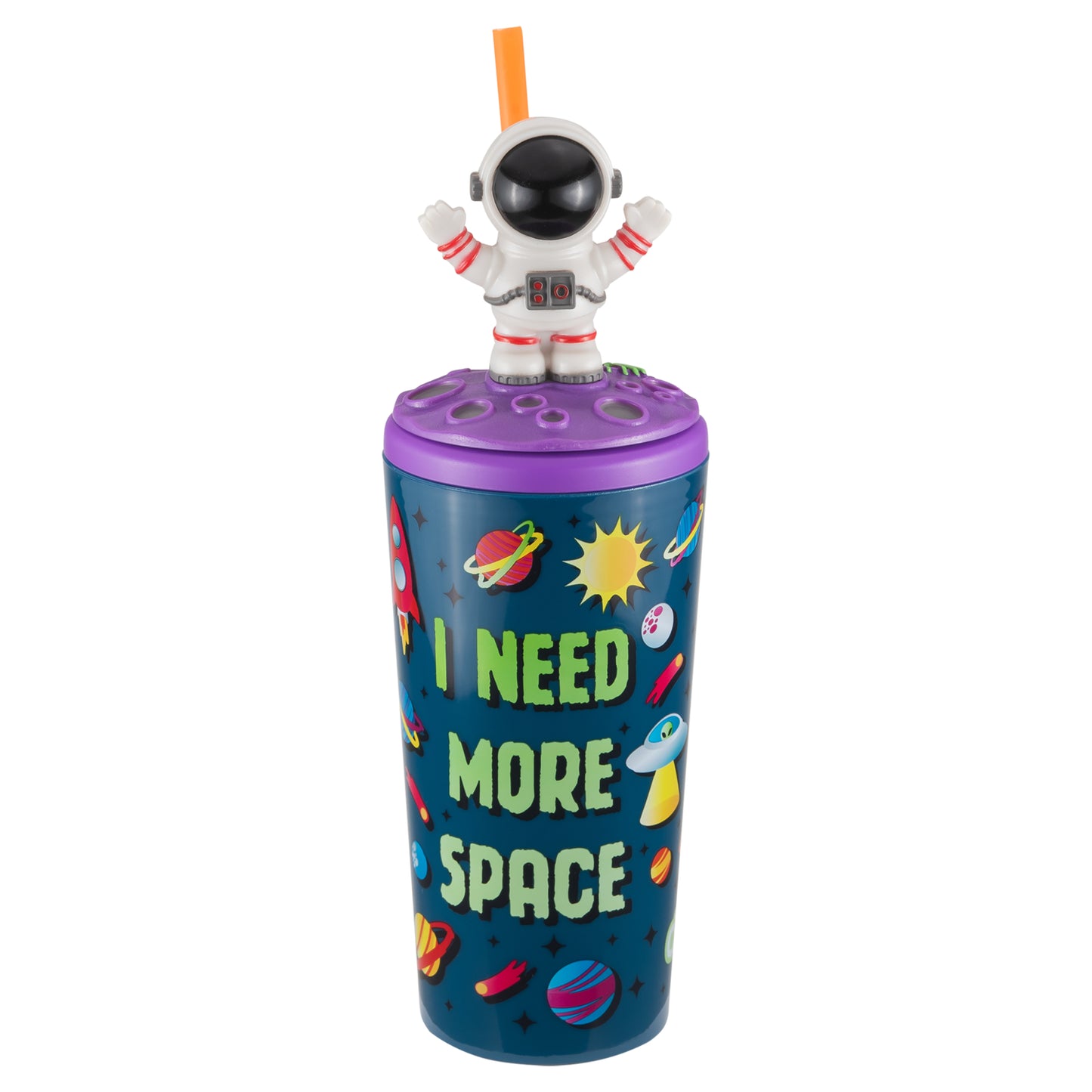 Cool Gear 4-Pack 18 oz Fun Toppers Astronaut Character Lid Tumblers with straw included | Durable, Reusable Water Bottle Gift for Kids, Adults