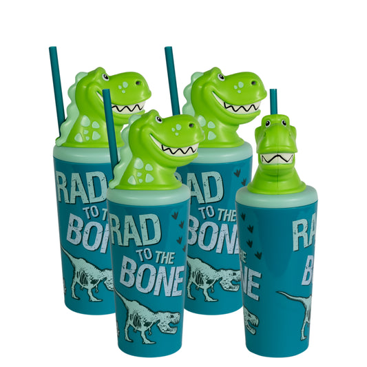 Cool Gear 4-Pack 18 oz Fun Toppers Dinosaur Character Lid Tumblers with straw included | Durable, Reusable Water Bottle Gift for Kids, Adults