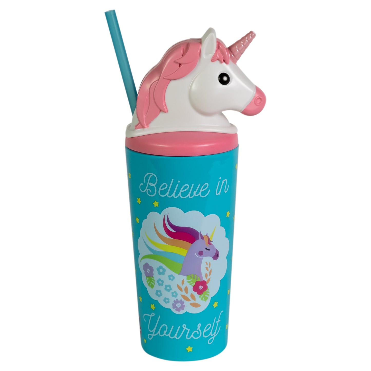 Cool Gear 4-Pack 18 oz Fun Toppers Unicorn Character Lid Tumblers with straw included | Durable, Reusable Water Bottle Gift for Kids, Adults