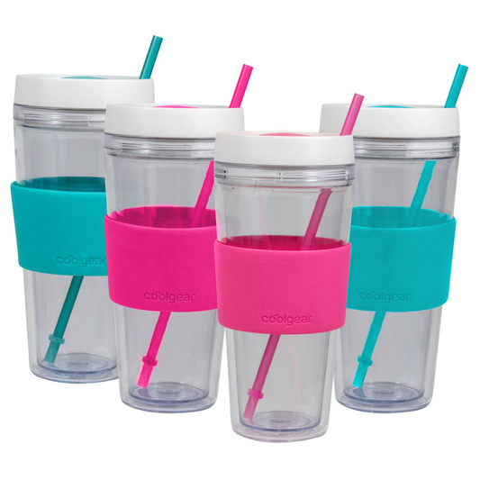 4 Pack COOL GEAR 24 oz Callisto Clear Chiller with Straw and Band | Dual Function Closure Colored Re-Usable Tumbler Water Bottle