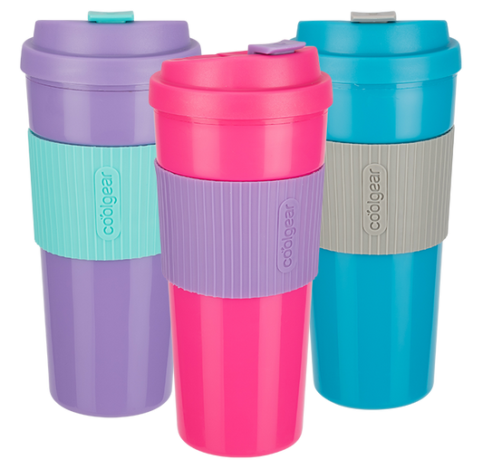 COOLGEAR 3-Pack 19 oz Eco 2 Go Coffee Mug with Protective Removable Band | Dishwasher Safe, Spillproof, Double-Wall Insulated Travel Mug for Coffee, Tea, and More | Blue/Pink/Purple