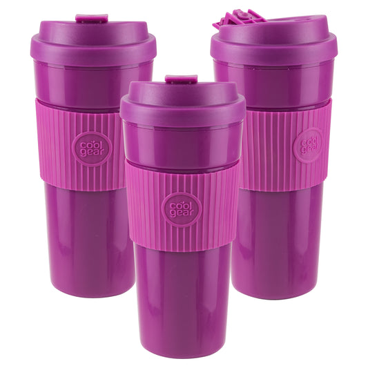 Cool Gear 3-Pack Eco 2 Go Coffee Mug with Protective Removable Band | Dishwasher Safe, Spillproof, Double-Wall Insulated Travel Mug for Coffee, Tea, and More | Plum Pack