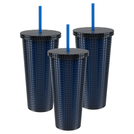 Cool Gear 3-Pack 23 oz Jem Chiller with Reusable Straw | Dishwasher Safe, Spillproof, Double-Wall Insulated Travel Tumbler | Trendy, Textured Design - Blueberry Pack