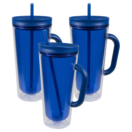 COOL GEAR 3-Pack 26 oz Spritz Tumbler with Straw and Handle | Pressure Fit Lid, Colored Re-Usable Tumbler Water Bottle with Straw and Handle - Blueberry Pack