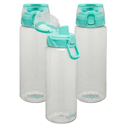 Cool Gear 3-Pack Tritan Plastic 32 oz Cylinder Water Bottle with Halo Top Lid | Dishwasher Safe, Leakproof, Shatter-Resistant Water Bottle With Easy Carry Loop | Green Tea Pack