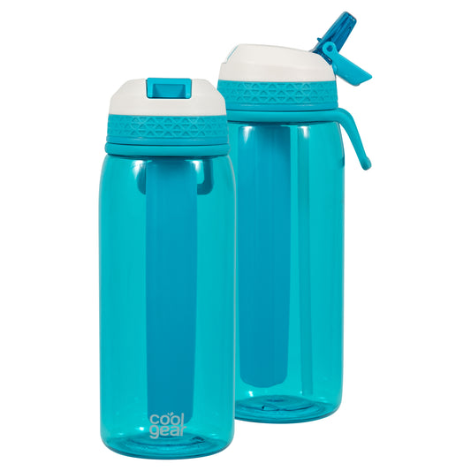 COOL GEAR 2-Pack 32 oz System Sipper Water Bottle With Tritan Plastic, Flexible Handle, & Freezer Stick | Shatter Resistant Water Jug To Keep Drinks Cool | Good For the Gym, School, Work, and More