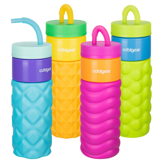 COOLGEAR GO GRIP 24 OZ Plastic Retro Squishy Water Bottle | Cute Printed Design, Foam Grip, Resealable Bendy Straw | Dishwasher Safe