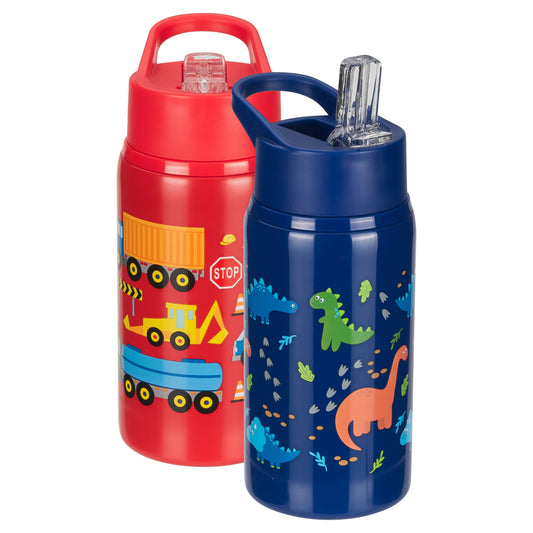 Cool Gear 2-Pack 18 oz Mashpee Kids Stainless Steel Water Bottle With Sipper Straw & Carrying Loop | Eco-Friendly, Wide Mouth, Leakproof for Kids, School, Gifts