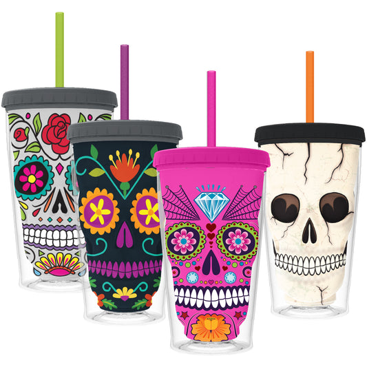 COOL GEAR 4-Pack 18 oz Skull Chiller Tumbler | Black & White Sugar Skull Design Tumblers with Twist Off Lid and Straw