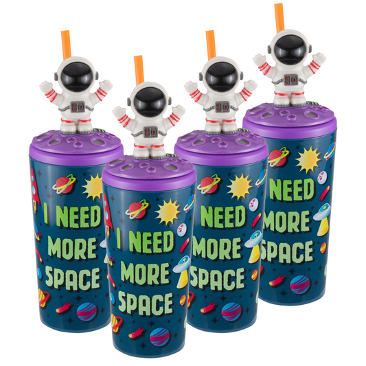 Cool Gear 4-Pack 18 oz Fun Toppers Astronaut Character Lid Tumblers with straw included | Durable, Reusable Water Bottle Gift for Kids, Adults