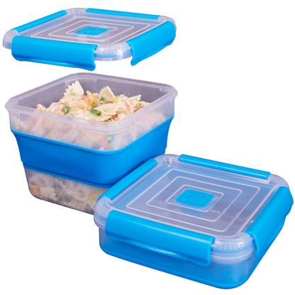 COOL GEAR 3-Pack Collapsible 5.5 Cup Square Food Container | Dishwasher and Microwave Safe | Perfect for On The Go Lunches and Leftovers | Expands to Hold 2x More | Air Tight Snaps Keeps Food Fresh
