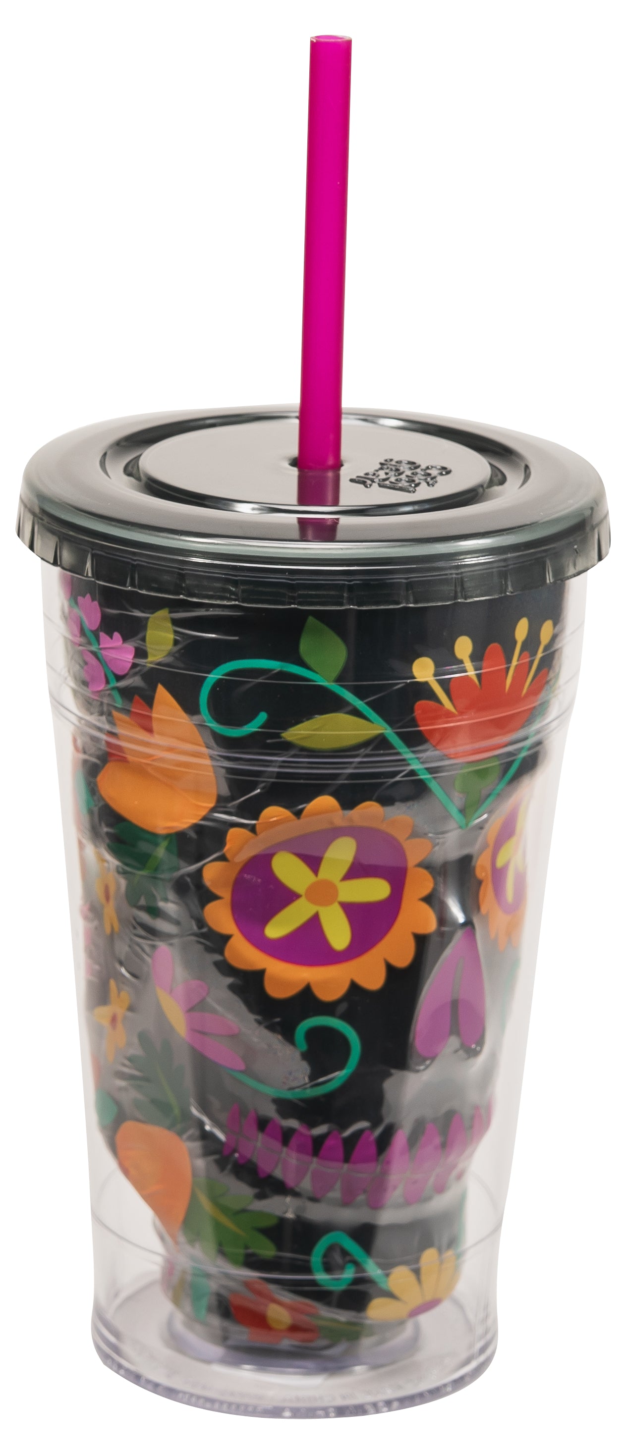 COOL GEAR 2-Pack 18 oz Skull Chiller Tumbler | Black & White Sugar Skull Design Tumblers with Twist Off Lid and Straw