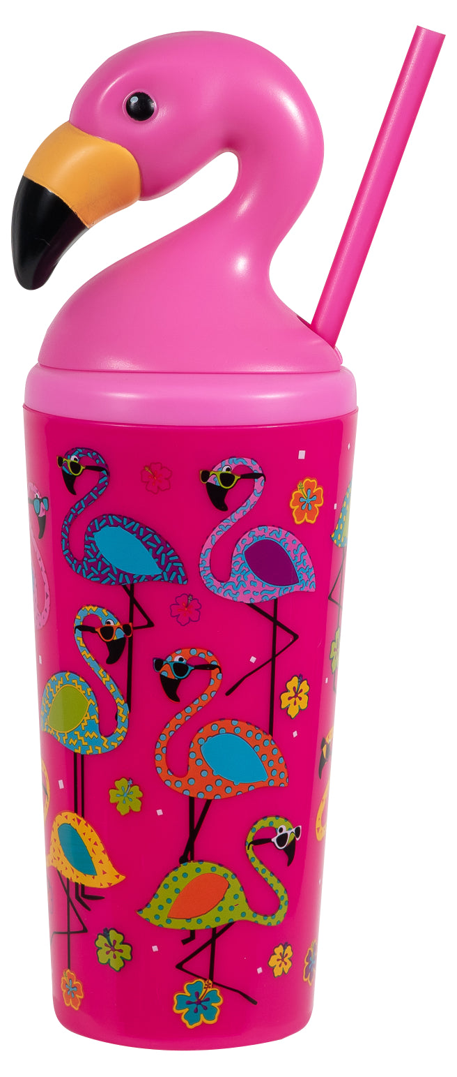 Cool Gear 4-Pack 18 oz Fun Toppers Flamingo Tumblers with Twist Lid and Reusable Straw | Wide Mouth, Spill-Proof Water Bottle for All Ages