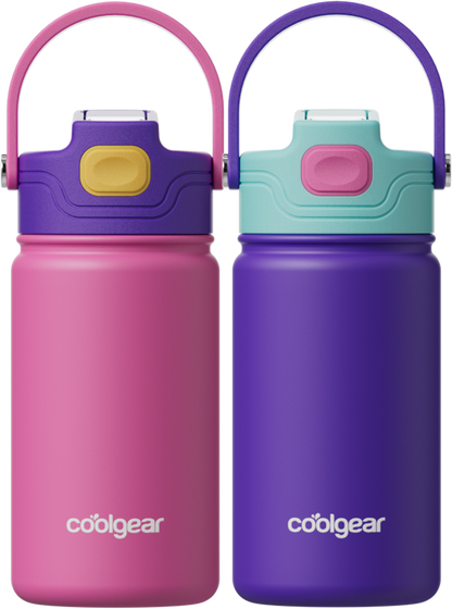 COOL GEAR 12 oz Journey Stainless Steel Water Bottle, Reusable Bottle with Handle, 2 Pack, BPA Free