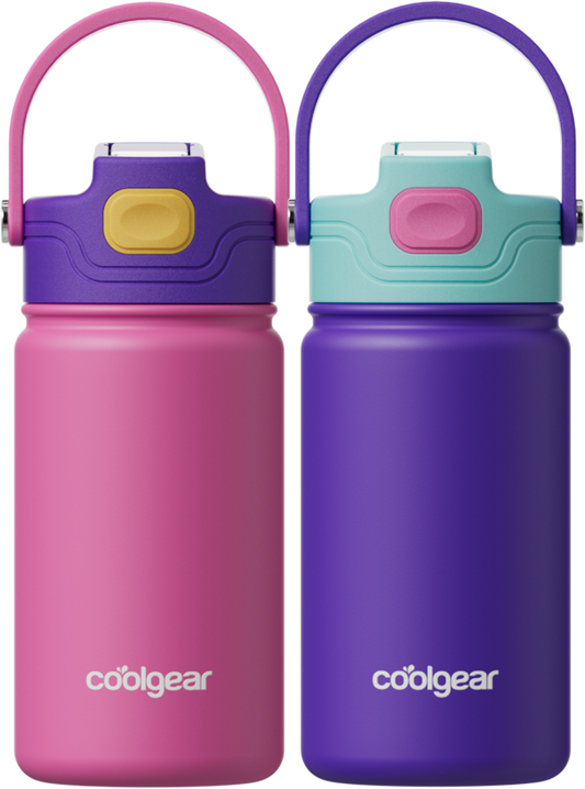 COOL GEAR 12 oz Journey Stainless Steel Water Bottle, Reusable Bottle with Handle, 2 Pack, BPA Free