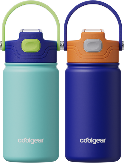COOL GEAR 12 oz Journey Stainless Steel Water Bottle, Reusable Bottle with Handle, 2 Pack, BPA Free