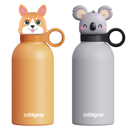COOL GEAR 2-Pack 13 oz Bottle Buddy Stainless Steel Water Bottle for Kids, Reusable Bottle with Playful Character Lids, BPA Free