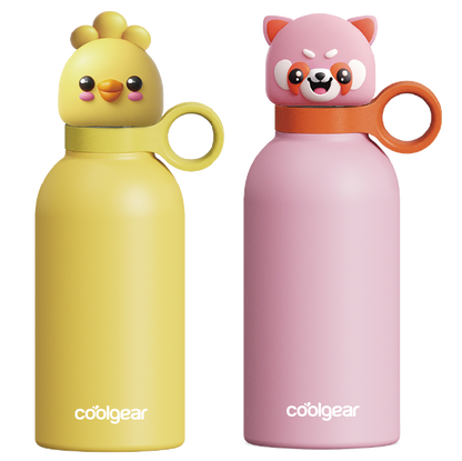 COOL GEAR 2-Pack 13 oz Bottle Buddy Stainless Steel Water Bottle for Kids, Reusable Bottle with Playful Character Lids, BPA Free
