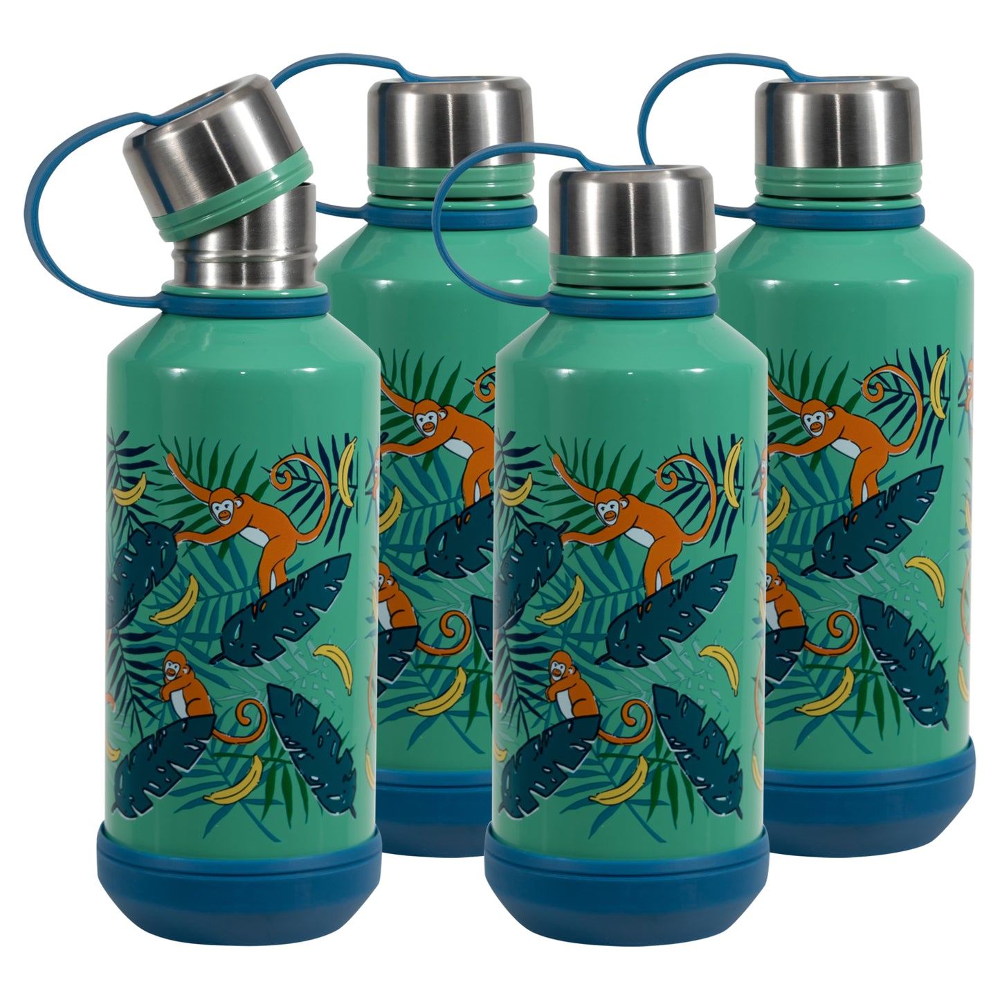 COOL GEAR 4-Pack 16 oz Stainless Steel, Double Walled, Vacuum Insulated Absorb Water Bottle with Twist Off Cap & Finger Loop Carry | Great For Kids, School, Travel, Sports and More