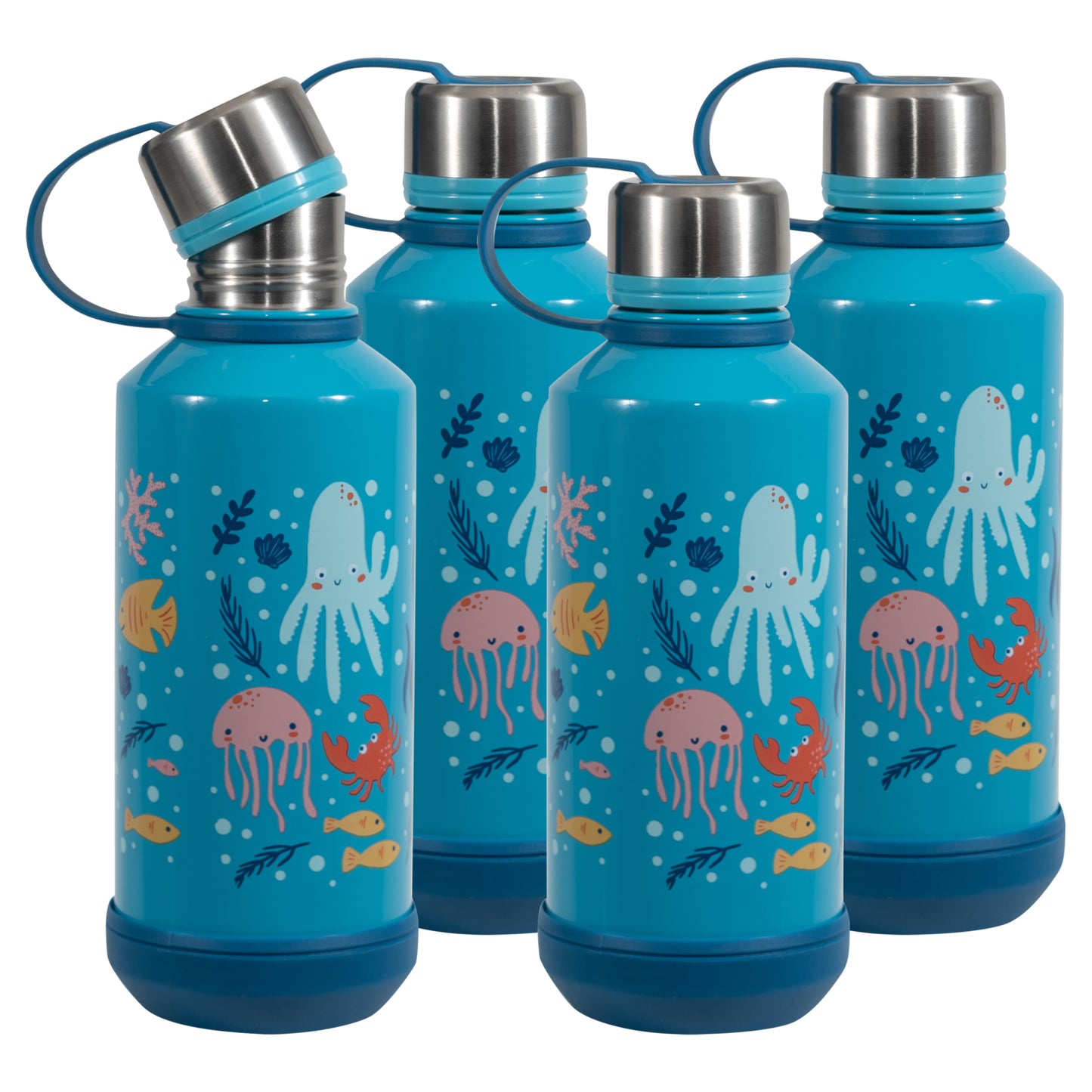 COOL GEAR 4-Pack 16 oz Stainless Steel, Double Walled, Vacuum Insulated Absorb Water Bottle with Twist Off Cap & Finger Loop Carry | Great For Kids, School, Travel, Sports and More