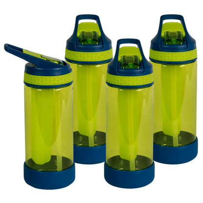 COOL GEAR 4-Pack Kid's 16 oz System Sipper Water Bottle | Made with Durable Tritan Plastic | Freezer Gel Stick, Carrying Loop, and Non-Slip Grip | Great For School, Sports, Outdoors and More