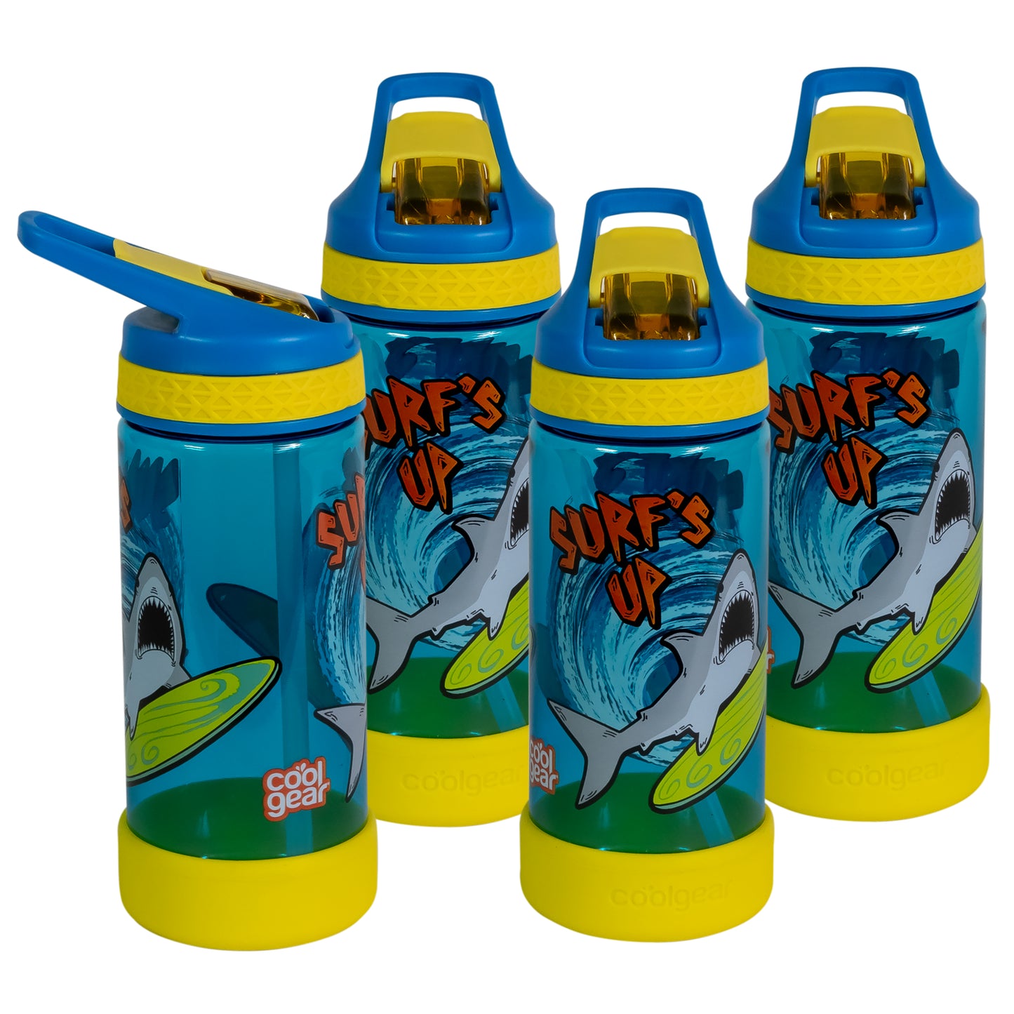 COOL GEAR 4-Pack Kid's 16 oz System Sipper Water Bottle | Made with Durable Tritan Plastic | Freezer Gel Stick, Carrying Loop, and Non-Slip Grip | Great For School, Sports, Outdoors and More