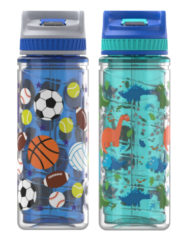 Cool Gear 2 Pack 16 oz Kids Twist Water Bottle with Double Wall, Sipper Lid and Finger Loop Cap with Printed Design | Great for Outdoors, Party Favors and More