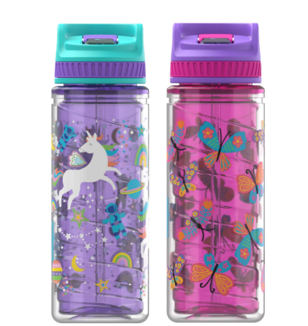 Cool Gear 2 Pack 16 oz Kids Twist Water Bottle with Double Wall, Sipper Lid and Finger Loop Cap with Printed Design | Great for Outdoors, Party Favors and More