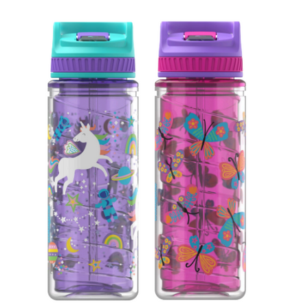 Cool Gear 2 Pack 16 oz Kids Twist Water Bottle with Double Wall, Sipper Lid and Finger Loop Cap with Printed Design | Great for Outdoors, Party Favors and More