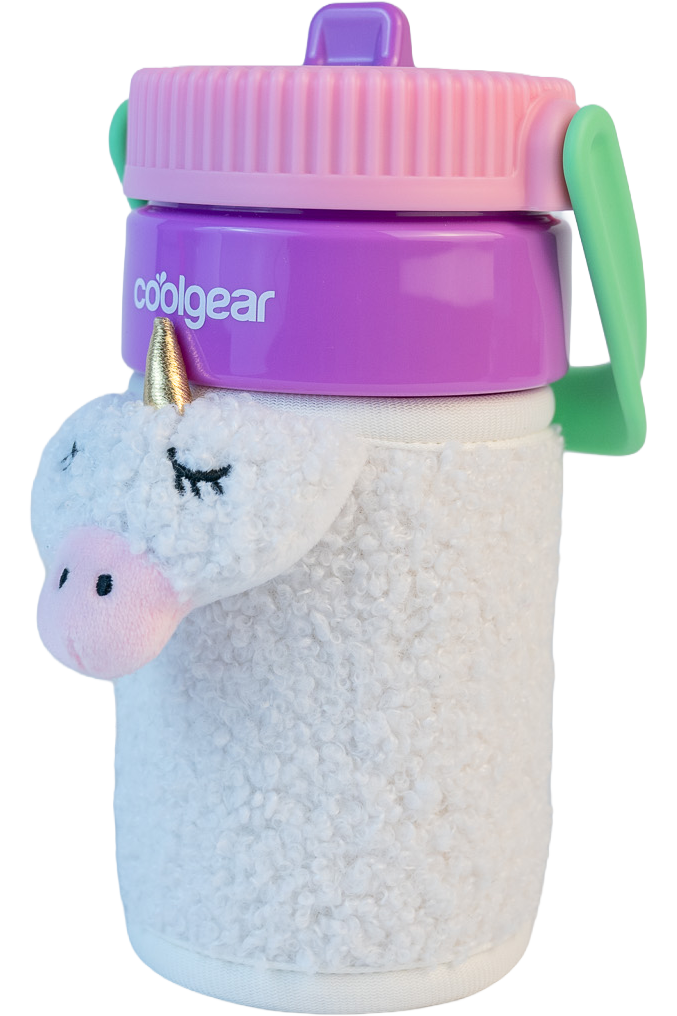 COOL GEAR 16oz GO GRIP Bottle with Plushie Sleeve, Reusable Water Bottle with Straw, BPA-Free, Removable Plush Sleeve - DINO/SHARK/UNICORN
