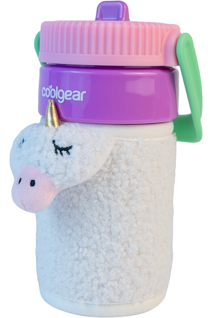 COOL GEAR 16oz GO GRIP Bottle with Plushie Sleeve, Reusable Water Bottle with Straw, BPA-Free, Removable Plush Sleeve - DINO/SHARK/UNICORN