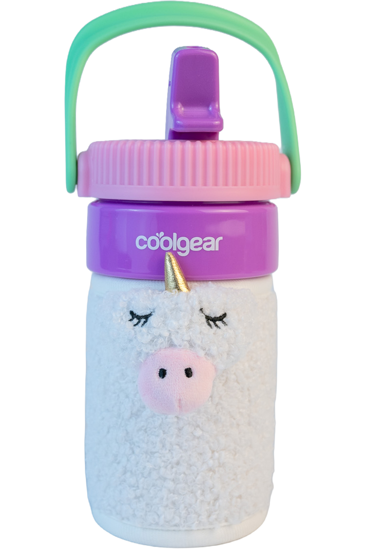 COOL GEAR 16oz GO GRIP Bottle with Plushie Sleeve, Reusable Water Bottle with Straw, BPA-Free, Removable Plush Sleeve - DINO/SHARK/UNICORN