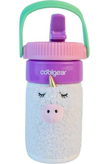 COOL GEAR 16oz GO GRIP Bottle with Plushie Sleeve, Reusable Water Bottle with Straw, BPA-Free, Removable Plush Sleeve - DINO/SHARK/UNICORN