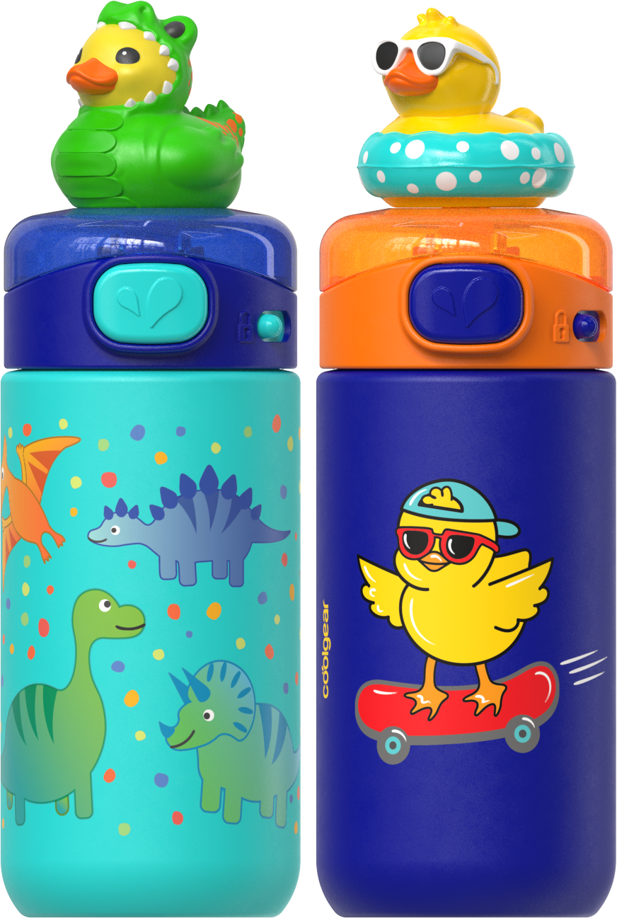 COOL GEAR Pop 2-Pack 16 oz and 20oz Topper Stainless Steel Tumbler with Straw, Interchangeable Character Topper, BPA-Free Reusable Insulated Cup, Leak-Resistant Lid, 2 Pack
