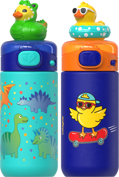 COOL GEAR Pop 2-Pack 16 oz and 20oz Topper Stainless Steel Tumbler with Straw, Interchangeable Character Topper, BPA-Free Reusable Insulated Cup, Leak-Resistant Lid, 2 Pack