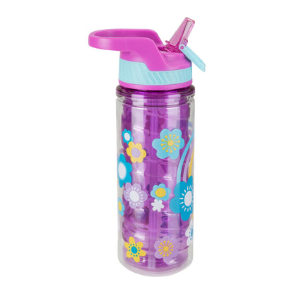 Cool Gear 2-Pack 16 oz Kid's Twist Water Bottle with Double Wall, Sipper Lid and Finger Loop Cap with Printed Design | Great for School, Sports, Outdoors, and More - Be Kind/ Flowers