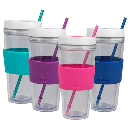 4 Pack COOL GEAR 24 oz Callisto Clear Chiller with Straw and Band | Dual Function Spill-Proof Closure Colored Re-Usable Tumbler Water Bottle