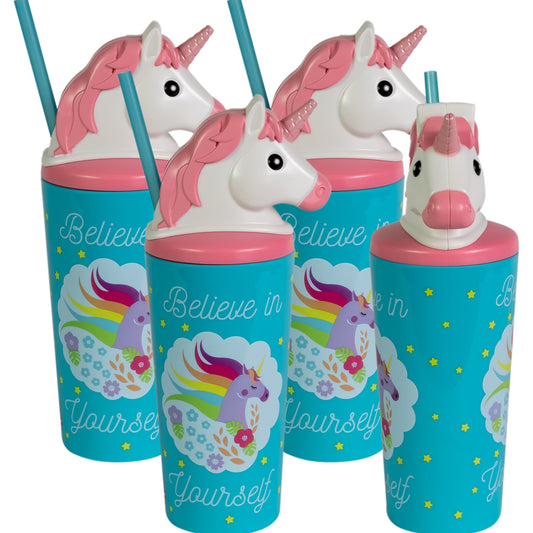 Cool Gear 4-Pack 18 oz Fun Toppers Unicorn Character Lid Tumblers with straw included | Durable, Reusable Water Bottle Gift for Kids, Adults