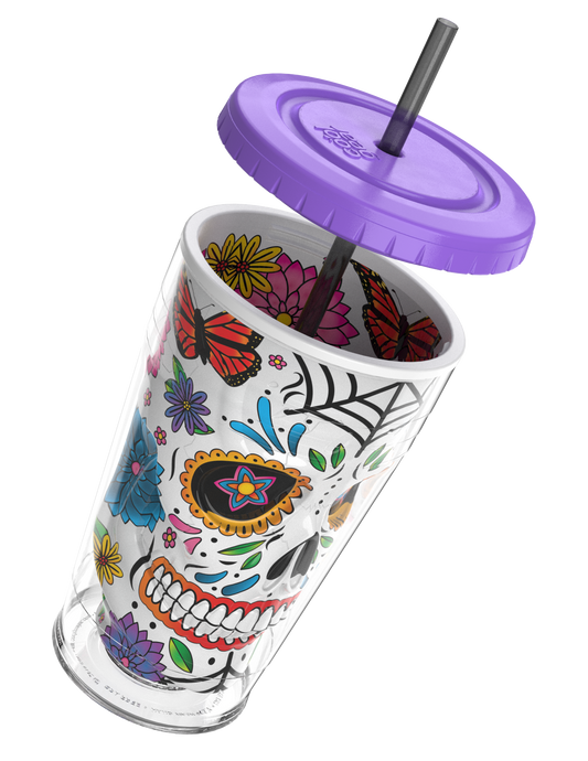 COOL GEAR 18oz Sugar Skull Chiller Tumbler with Straw, Reusable Cold Drink Cup, BPA-Free, Colorful Sugar Skull Design, Everyday Tumbler