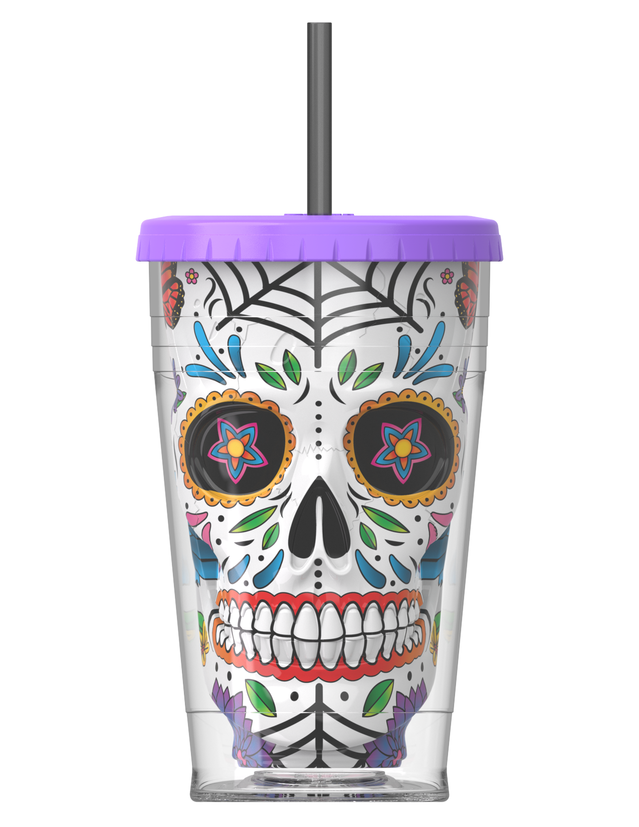 COOL GEAR 18oz Sugar Skull Chiller Tumbler with Straw, Reusable Cold Drink Cup, BPA-Free, Colorful Sugar Skull Design, Everyday Tumbler