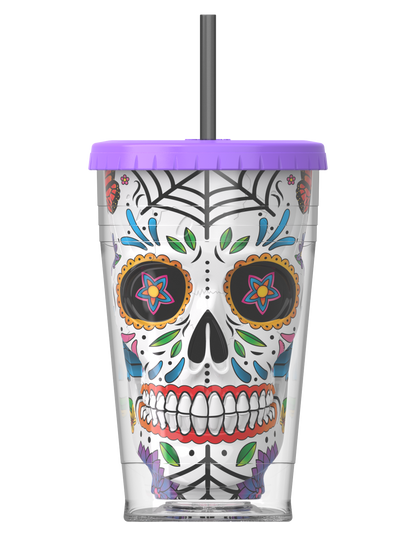 COOL GEAR 18oz Sugar Skull Chiller Tumbler with Straw, Reusable Cold Drink Cup, BPA-Free, Colorful Sugar Skull Design, Everyday Tumbler