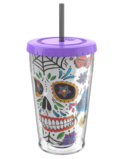 COOL GEAR 18oz Sugar Skull Chiller Tumbler with Straw, Reusable Cold Drink Cup, BPA-Free, Colorful Sugar Skull Design, Everyday Tumbler
