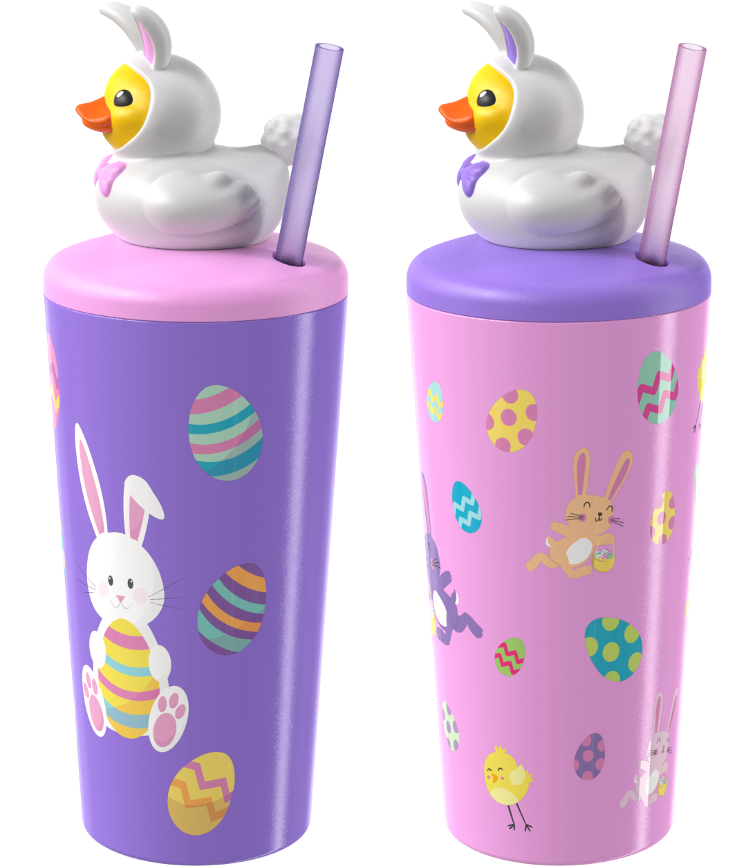 COOL GEAR 2-Pack 18 ozPop Topper Tumbler with Straw, Mix-and-Match Character Topper, BPA Free Reusable Cup - EASTER DUCKIE