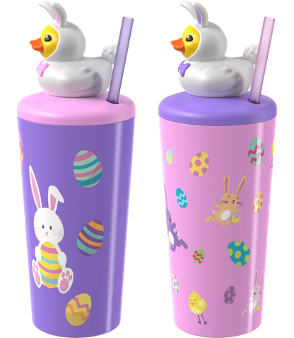 COOL GEAR 2-Pack 18 ozPop Topper Tumbler with Straw, Mix-and-Match Character Topper, BPA Free Reusable Cup - EASTER DUCKIE
