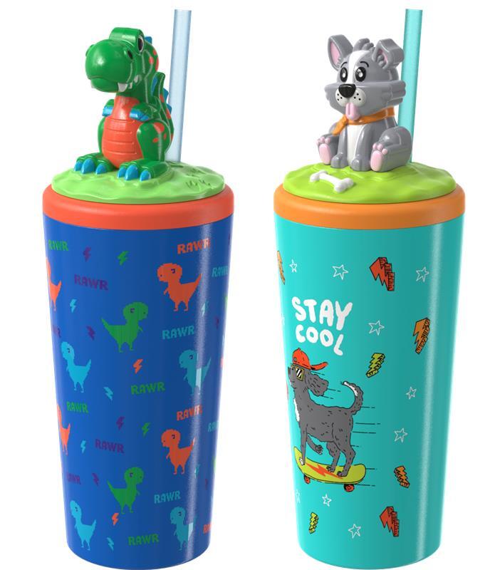 COOL GEAR 2-Pack 18 oz Fun Toppers Character Lid Tumblers with straw included | Durable, Reusable Water Bottle Gift for Kids, Adults