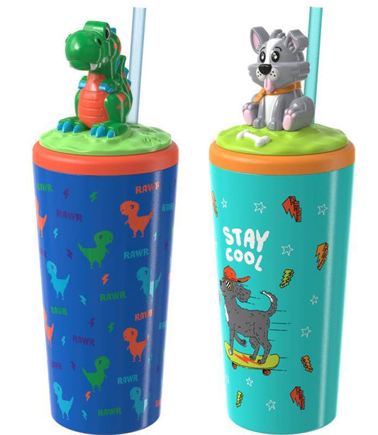 COOL GEAR 2-Pack 18 oz Fun Toppers Character Lid Tumblers with straw included | Durable, Reusable Water Bottle Gift for Kids, Adults