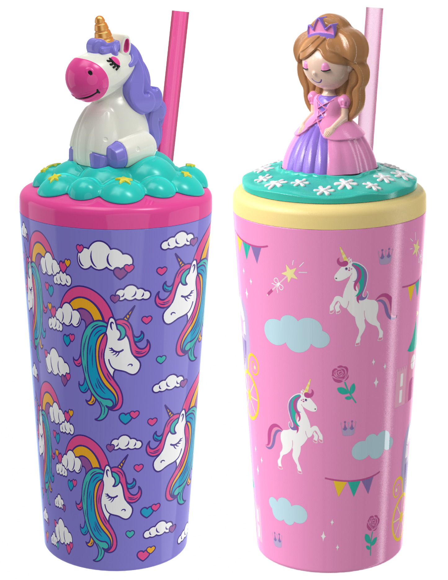 COOL GEAR 2-Pack 18 oz Fun Toppers Character Lid Tumblers with straw included | Durable, Reusable Water Bottle Gift for Kids, Adults