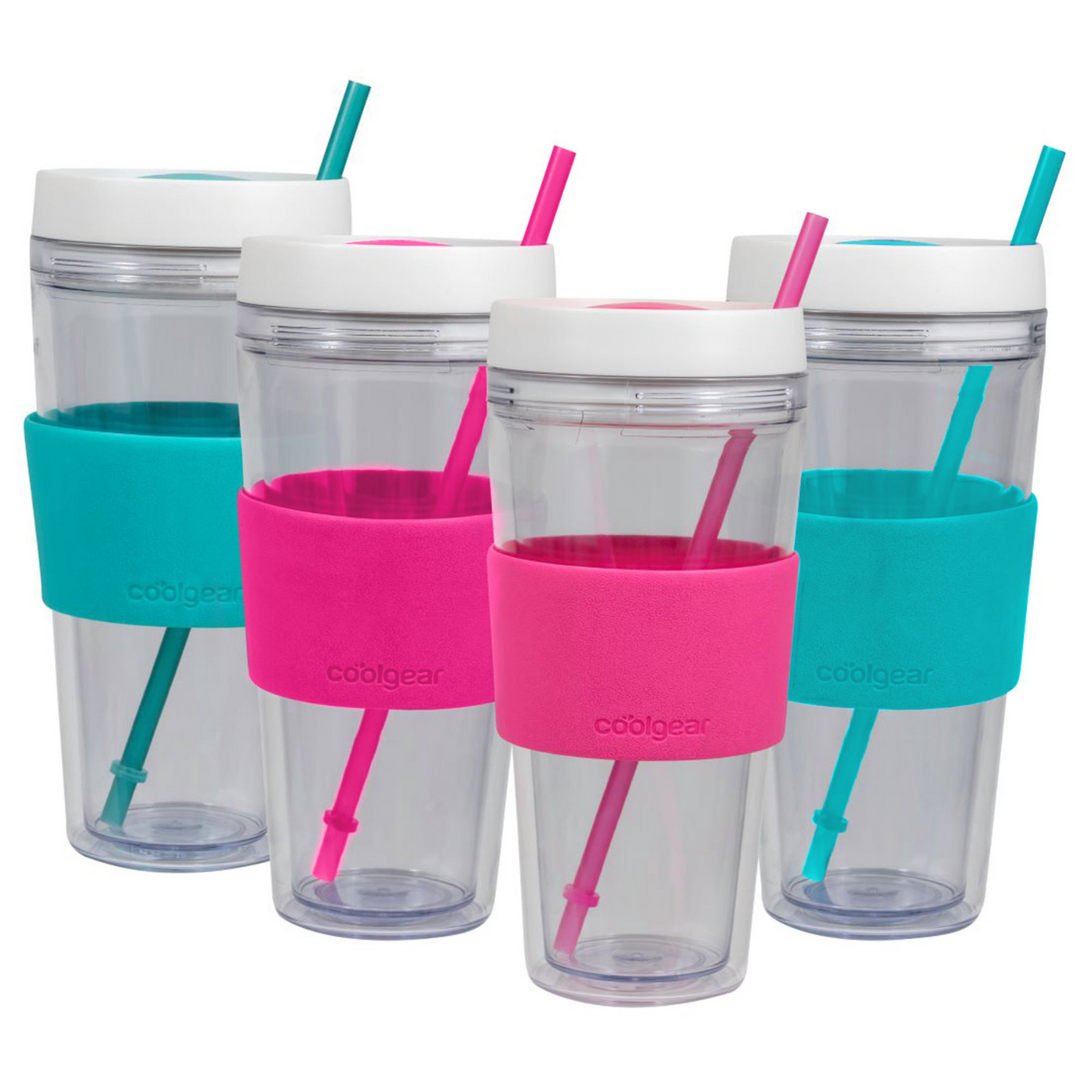 4 Pack COOL GEAR 24 oz Callisto Clear Chiller with Straw and Band | Dual Function Spill-Proof Closure Colored Re-Usable Tumbler Water Bottle